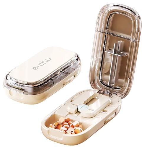 Huipalon Pill Cutter, Portable & Adjustable Pill Cutters for Tablets with Pill Storage Compartments, 1/2 and 1/4 Pill Splitter, Cutting Multiple Tablets at Once, Easy to Use and Travel Size (White)