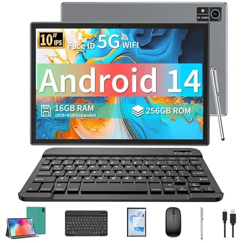 QDDQ Android 14 Tablet mit Tastatur, Tablet 10 Zoll mit 16GB+256GB, 1TB Expand, 8-Core, 8000mAh, 5G WiFi, Widevine L1, GMS, 1280P FHD, 2 in 1 mit Tastatur, Maus, Stylus (Grün)