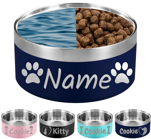 Gamelle pour Chien personnalisée 18OZ avec Gravure au Laser du nom de l'animal 18/32/42/64 oz en Acier Inoxydable isolée et résistante aux morsures-Bleu Marine