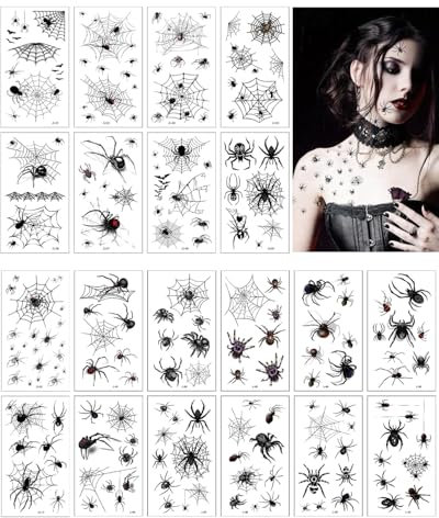 CULEB Temporäre Spinnen Tattoos,20 Gruselige Schwarze Spinnen Tattoos,Wasserfeste Tattoo Aufkleber,Karneval Gesichtstattoo Spinnweben Klebetattoos für Halloween Masquerade Karneval Fasching Party