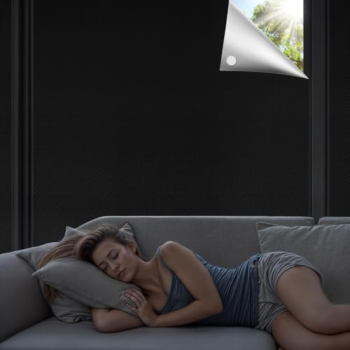Qualsen Ockult rullgardin utan borrning, 400 x 150 cm, bärbar mörkläggningsgardin solskydd tillfällig mörkläggningsrullgardin avtagbar anti-utseende mörkläggande tyg för sovrum, resor (svart silver)
