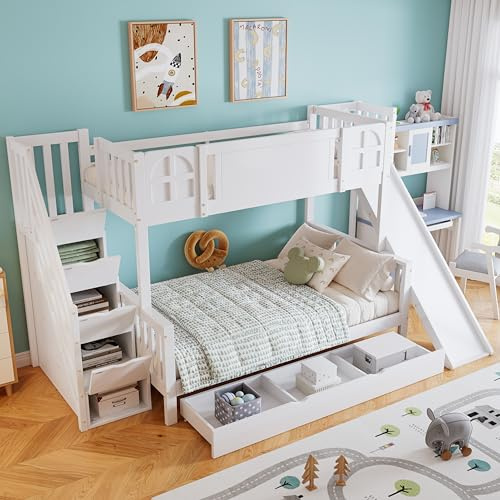 Olsghy Etagenbett Kinderbett 90x200 cm, Hochbett Bett mit Schubladen und Stauraum Treppe, Holzbett mit Rutsche und Fenster, Hausbett mit Rausfallschutz und Lattenrost, Kiefer+MDF, Weiß Ohne Matratze