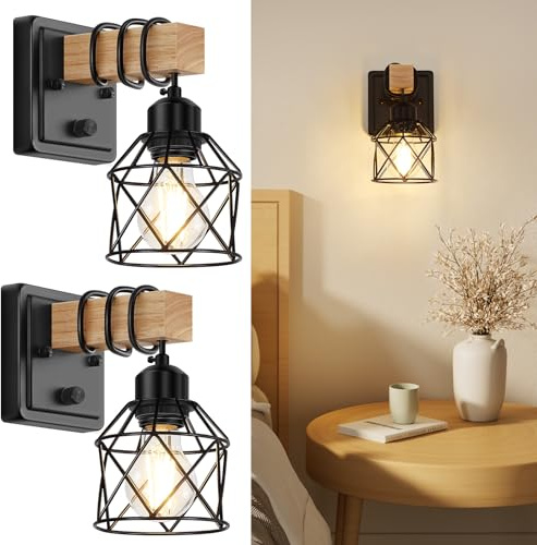 FadimiKoo Dimmable Wall Sconces Set of Two, Bedside Wall Mounted Lamp with Rotary Switch, Wooden Black Bathroom Light Fixtures with Metal Cage, Hardwired Farmhouse Wall Lights for Bedroom, Living Room