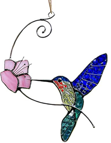 Cute Hummingbird Stained Glass Suncatcher,Hanging Bird Stained Glass for Windows,Stai-ned Gl-ass Window Hangings Ornaments,Outdoor Bird Hanging Ornaments,Stai-ned Gla-ss Panels
