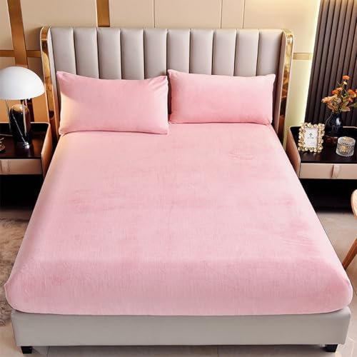 Sábanas bajeras de forro polar de felpa de 200 x 200 cm + 35 cm de profundidad, funda de colchón rosa suave y cálido, ropa de cama elástica para una comodidad acogedora