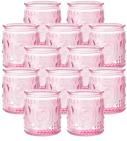 12Pcs Glass Tea Light Candle Holders,6.6cm x 5.8cm Vintage Candle Jar, Coloured Tealight Holders, Votive Candle for Indoor, Outdoor, Garden, Dinner, Church, Weddings, Home Décor, Gifts (Light pink)