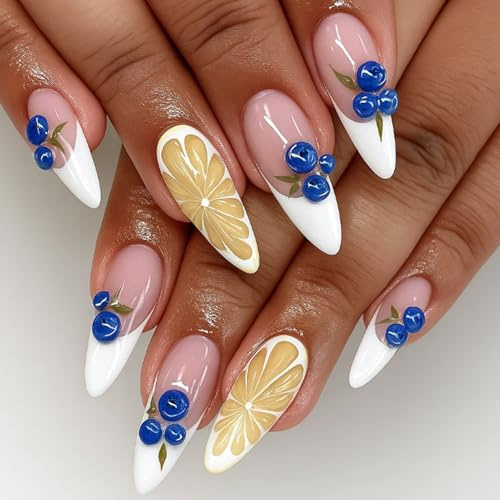 Long Almond Press-On Nails, Nude Pink French Tips, Fruit Design, 24-Piece | Glossy Finish, Raised Blue Berry And Yellow Citrus-Slice Details, For Home Manicures, Everyday Wear And Summer Social Events