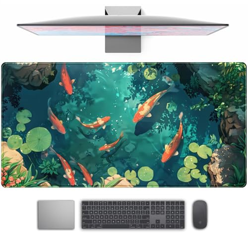Koi Fish Desk Mat Gaming Koi Pond Desk Pad Large Cute Mouse Pad, Goldfish Mouse Mat XXL Laptop Keyboard Pad, Blue Waters Gamer Mouse Pad Full Desk Mousepads Cool Office Desk Accessories 31.5x15.7
