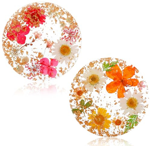 Guduling 2 Pcs Floral Resin Coaster,Non-Slip Resin Flower Coaster,Reusable Round Flower Coasters for Coffee Table Desk Kitchen Bar Mugs(2 Style)