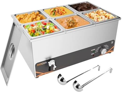 PATIOZA Commercial Bain Marie 6×1/6 GN 1500W Stainless Steel Food Warmer | 30–85°C Adjustable Temp with Drain Tap and Soup Ladles,for Restaurant Catering Buffet Party Canteen