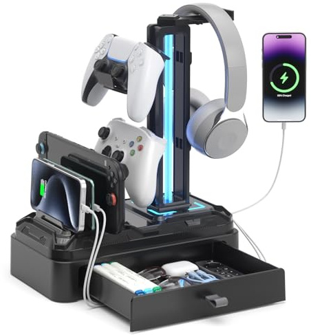 KDD Soporte Auriculares Gaming con Cargadores USB A Tip C, Soporte Cascos Gaming & Soporte Mandos PS5 Extraíble con Cajón para Móviles Tabletas para Escritorio Gamer Accesorios Gaming PC