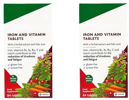 Flora Iron and Vitamin Daily Wellness Supplement, Gluten-Free, Lactose-Free - 84 Vegan Tablets (Pack of 2) 168 in Total