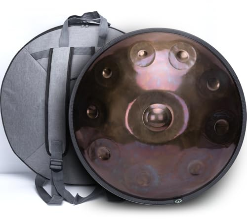 SINGOFIRE New Upgrade Advanced Handpan Drum, Ember Steel Handpan, 10-Notes with Bag, 22-Inch 440Hz D Minor Kurd, Telescopic Drum Stand, Iridescent-Gold