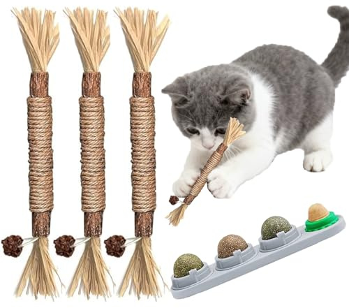 Barky Club Catnip & Silvervine Chew Toys Set: Natural Cat Licking Ball with 3 Dental Sticks for Indoor Cats - Teeth Cleaning, Teething Relief, Stress Reduction Cat Toys (Grey)