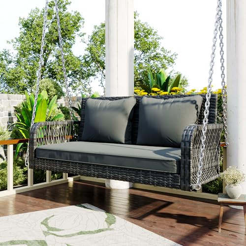Schaukelbank 2-Sitzer, Hängebank PE-Rattan, Gartenschaukel zum Aufhängen, Hollywoodschaukel mit Sitzkissen und Rückenkissen, Schaukel für Terrasse & Garten & Balkon,Grau