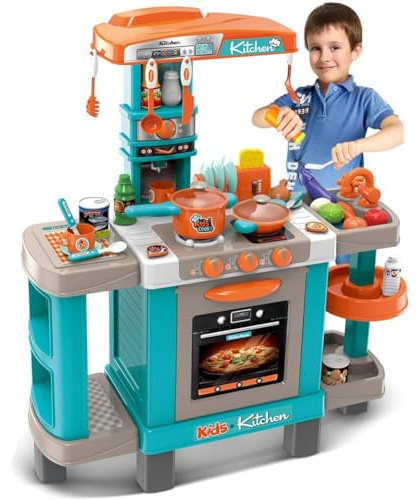 BAKAJI Cucina Giocattolo per Bambini con Luci e Suoni, Playset Chef con Forno e Fornelli, Gioco Azzurro con 34 Accessori Cibo Realistici, Ideale per Bambini e Bambine