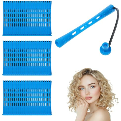 60 rulos de ondas permanentes, pequeños rulos de pelo corto, ondulación permanente, rulos grandes, color azul, sin calor para la permanente, herramienta de peinado