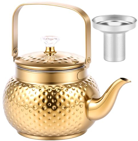Hammered Tea Pot, Stainless Steel Teapot Loose Leaf Kettle with Strainer and Handle, Handicraft Gold Stovetop Coffee Tea Kettle for Outdoor Travel Supply, Gifts(1.5L)