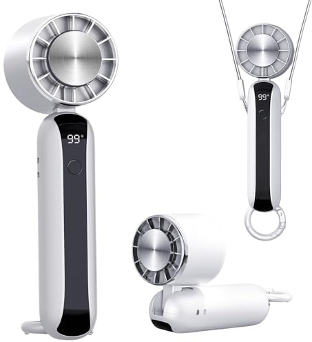 LUCYLANKER Ventilador Portátil Recargable con Placa de Enfriamiento, 3 en 1 Mini Ventilador de Mano con Mosquetón, Pantalla LED, 3 Velocidades, Ventilador Plegable para Viajes, Oficina y Playa, Blanco