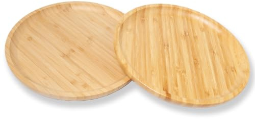 Rebanky 2 Piezas Bandejas Redondas de Bambú para Servir, 25 x 25 x 2 cm | Plato Redondo de Bambú para Café, Fruta, pan y Aperitivos; Borde Elevado y Forma Redonda Natural