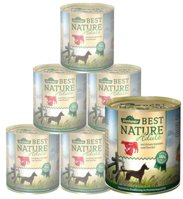 Dehner Best Nature Hundefutter, Nassfutter getreidefrei, für ausgewachsene Hunde, Rind / Pute / Karotten, 6 x 800 g Dose (4.8 kg)