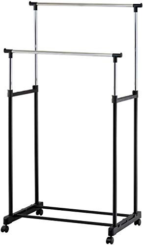 Double Adjustable Height Garment Clothes Dress Coats Jackets Hanging Rail Rack Storage Display Stand on Castor Wheels with Shoe Shelf (Double Rail)