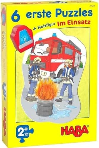 HABA 305236 - 6 erste Puzzles – Im Einsatz, Puzzles aus je vier Teilen mit Straßen-Motiven, Auto-Holzfigur zum freien Spielen, Spiel ab 2 Jahren