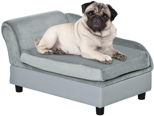 PawHut Haustiersofa mit Matte, Hundebett, Hundematte, Hundesofa mit Lagerraum, Naturholz+Plüsch, Hellgrau, 76 x 45 x 43 cm