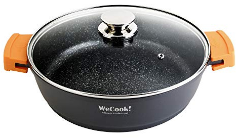 WECOOK! Ecochef Titanio Cazuela Baja Inducción Tapa de Cristal 36cm, 5 Capas Antiadherente QUANTANIUM Ecológico sin PFOA, Aluminio Fundido 5mm, 7,5cm Alto, Asas Silicona, Vitrocerámica, Gas, Horno