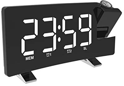 DollaTek Dormitorio Reloj Despertador Digital de proyección por Radio de Techo con Relojes de Alarma Dobles 4 atenuador Pantalla LED Grande giratoria de 180 ° - Concha Negra Palabra Blanca