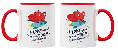 Romantisches Kaffeetassen-Geschenk-Set – I Love You To The Moon And Back, rotes Herz-Design, perfekt für Paare, Valentinstag, Jubiläen und besondere Anlässe