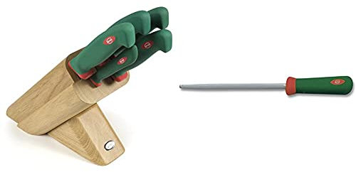 Sanelli 931605 Ceppo Coltelli Leck, Legno, Verde/Rosso, 5 unità & Premana Professional Acciaino, Acciaio Inossidabile, Verde/Rosso, 22 cm