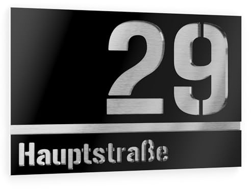 Graviers Design Hausnummer aus V2A Edelstahl 215x150mm - Schwarz - Wetterfest Rostfrei Individuell anpassbar nach eigener Nummer Straße - Made in Germany