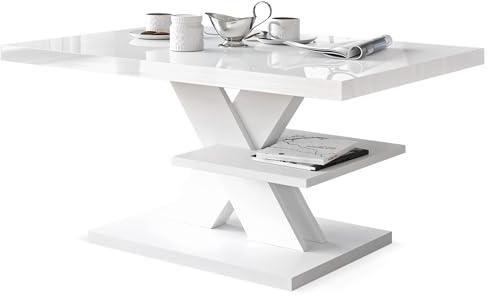 Viosimc Couchtisch Hochglanz Weiß, Modern Wohnzimmertisch Beistelltisch mit 1 Ablage. Sofatisch Kaffeetisch Weiß mit Hochglanz-Tischplatte, Moderner Weißer 90x60x45cm