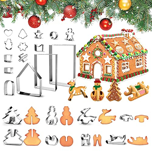 Yucch Juego de 23 Moldes para Galletas Navidad, 3D Casa Jengibre Kit de Acero Inoxidable, Reno, Muñeco de Nieve, Árbol de Navidad y Trineo, para Repostería y Chocolate