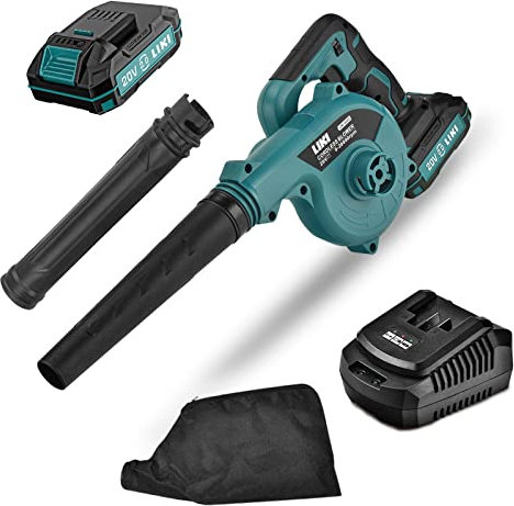 LIKI 20V Brushless Cordless Leaf Blower with 2.0Ah Battery & Fast Charger | 2-in-1 Sweeper/Vacuum, 3-Speed Adjustable, 20,000 RPM for Leaves, Snow, and Outdoor Cleanup(2.0Ah Battery and Charger)