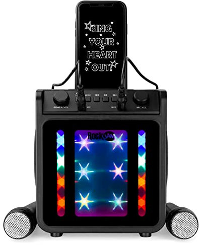 RockJam 10-Watt Rechargeable Bluetooth Karaoke Machine with Two Mics, Lightshow & Voice Effects