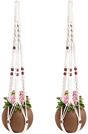 Necamocu Makramee-Pflanzenhänger mit farbigen Holzperlen und 4 Haken, eleganter hängender Pflanzenhalter für Innen- und Außenbereich, stabile hängende Pflanzgefäße ohne Quaste, 84 cm, Elfenbein, 2