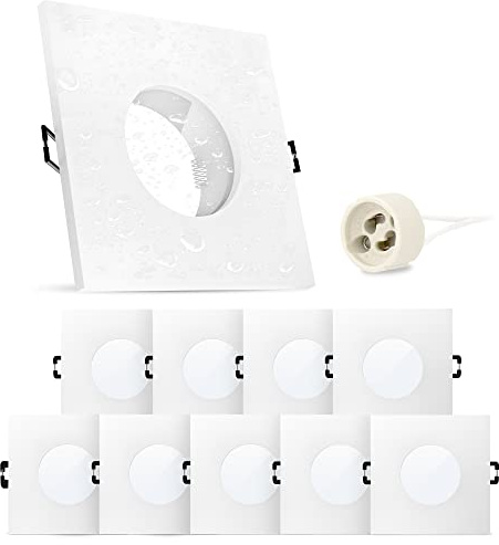 linovum ISAWO Einbaurahmen 10er Set IP65 weiß eckig GU10 Bad & Außen | Zehn Deckenrahmen weiß IP65 eckig - mit Glasscheibe & Dichtung für Bad, Dusche & Außen, für GU10, inkl. Fassung, ohne Lampe