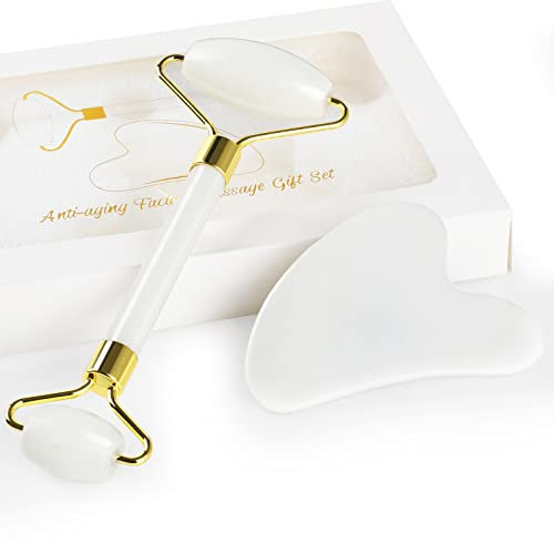 Gua Sha Jade Roller per Viso, GeeRic Gua Sha Tool Rullo di Giada per Massaggio Facciale Tools Set Naturale Jade Roller in Pietra di Lenire Elimina Gonfiore Degli Occhi Pelle a Viso Collo Corpo Bianco