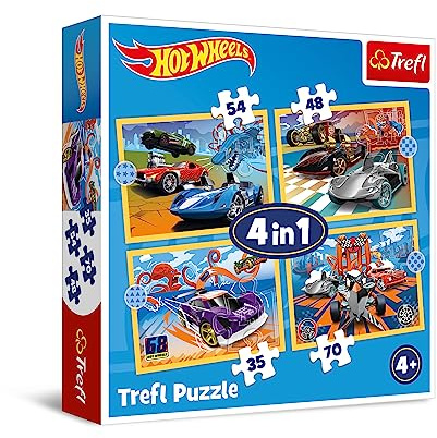 Trefl - Puzzles von 35 bis 70 Teile, 4-in-1: Hot-Wheels-Fahrzeuge, 4+ | Set mit 4 Puzzles, unterschiedliche Schwierigkeitsgrade, Förderung von Konzentration und Beobachtungsgabe, hohe Qualität
