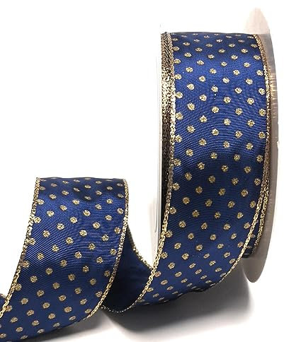 s.dekoda Schleifenband 25m x 40mm Blau - Gold Punkte Lurexkante Geschenkband Dekoband [D1102]