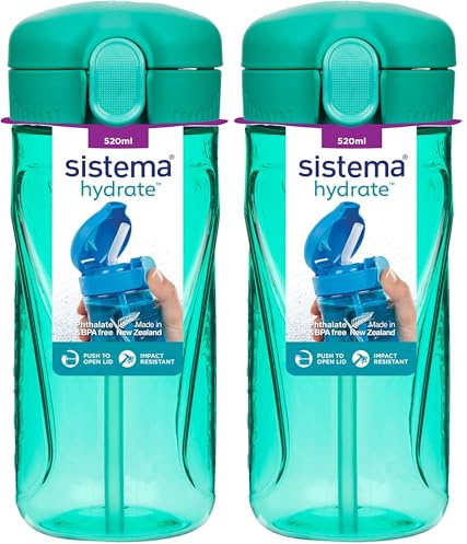 Sistema Hydrate Quick Flip Water Bottle | 520 ml | BPA Free Water Bottle with Straw | Recyclable with TerraCycle®| Assorted Colours (Pack of 2)