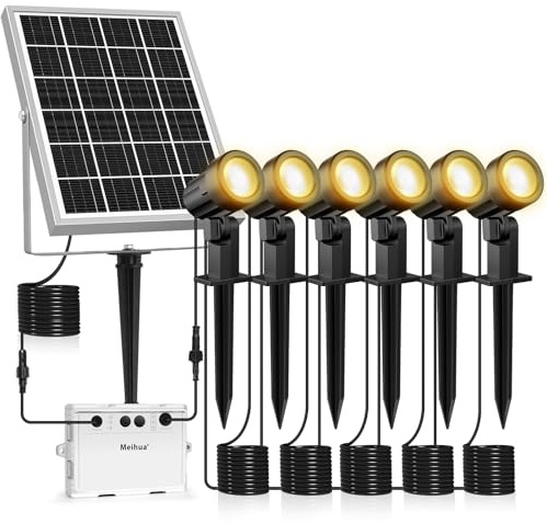 MEIHUA 6 in 1 Solar Spot Lights Outdoor Garden 2700K Spike Light | Warm White Garden Floodlight IP66 Waterproof Landscape Spotlights 3 Modes 3 Brightness for Yard Lawn Tree Statue Patio