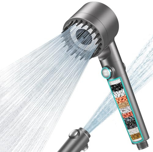 MEKO Hard Water Filter Shower Head with 15 Stage Filter, 3+1 Spray Jet Modes High Pressure Shower Head and 1.5m Hose, Handheld Massage Shower Filter for Residual Chlorine Remove (Grey)