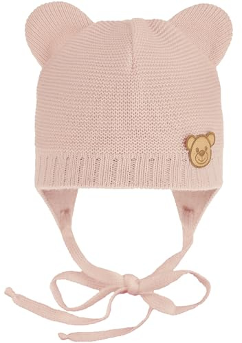 CiuchCiuch Baby Mütze Bär zum Binden mit Ohren - Wintermütze Erstlingsmütze Bindebänder - Acryl Baumwollfutter Neugeborenen 0-24 Monate - Ergonomische Zweilagige Strickmütze