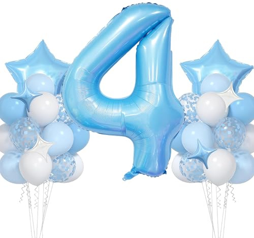 VUCDXOP Ballon Anniversaire 4 Ans Bleu, 11pcs Ensemble Ballon d'anniversaire avec Grand Foil Ballon numéro 4, 101cm Ballons de Baudruche, Ballon 4 an Deco Birthday Vole Grâce à l'Hèlium