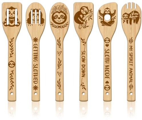 GLOBLELAND 6 Stück Faultier Bambus Kochutensilien Set Aus Holz Mit Gravur Kochlöffel Set Schnitzküche Bambus Spatel Set Holz Kochlöffel Für Die Küche Lustiges Einweihungsgeschenk
