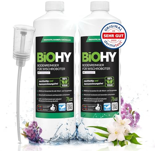 BiOHY Nettoyant pour sols pour robots de nettoyage avec une senteur fraîche de printemps (2 x 1l Bouteille) + Distributeur | Concentré de nettoyant pour tous les robots (Wischroboter Frühling)