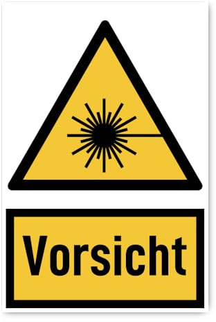 Aufkleber: 300x200 mm, 1 Stück - Signalwort Vorsicht vor Laserstrahl - Warnzeichen mit Text (deutsch) (gelb/schwarz) - hochkant - W004 - DIN EN ISO 7010 / ASR A1.3